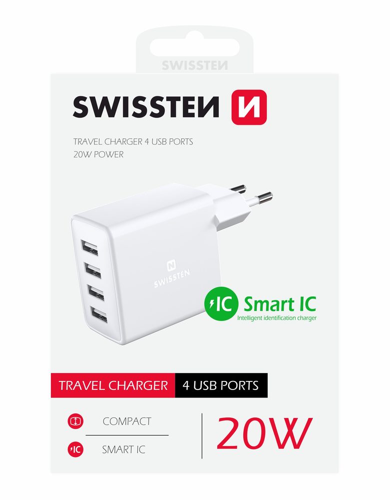 Swissten Sieťový Adaptér 4x USB 4A 20W, Biely