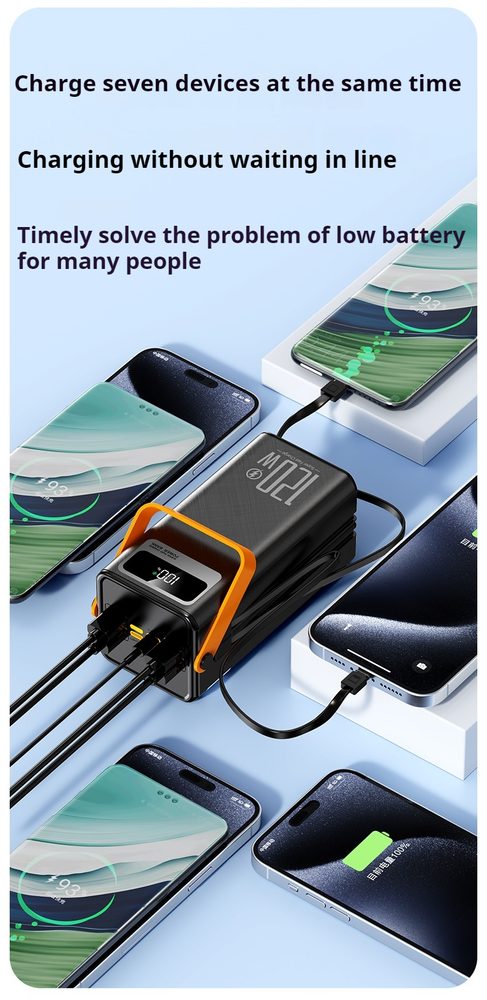 Powerbanka 80 000 mAh, 120W PD + QC, 4 USB + 2 káble, LED svetlo, biela