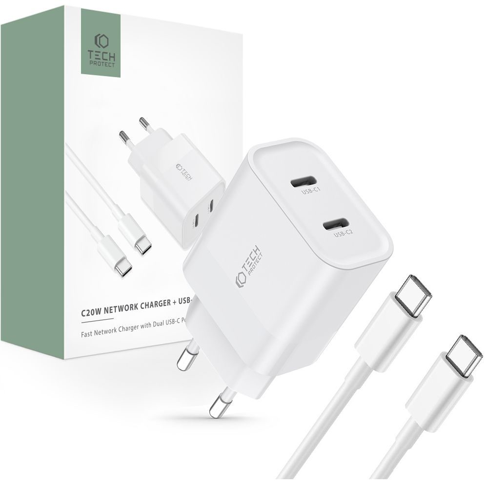 Tech-Protect C20W 2 Portos PD20W 2 Portos Hálózati Töltő + USB-C Kábel, Fehér