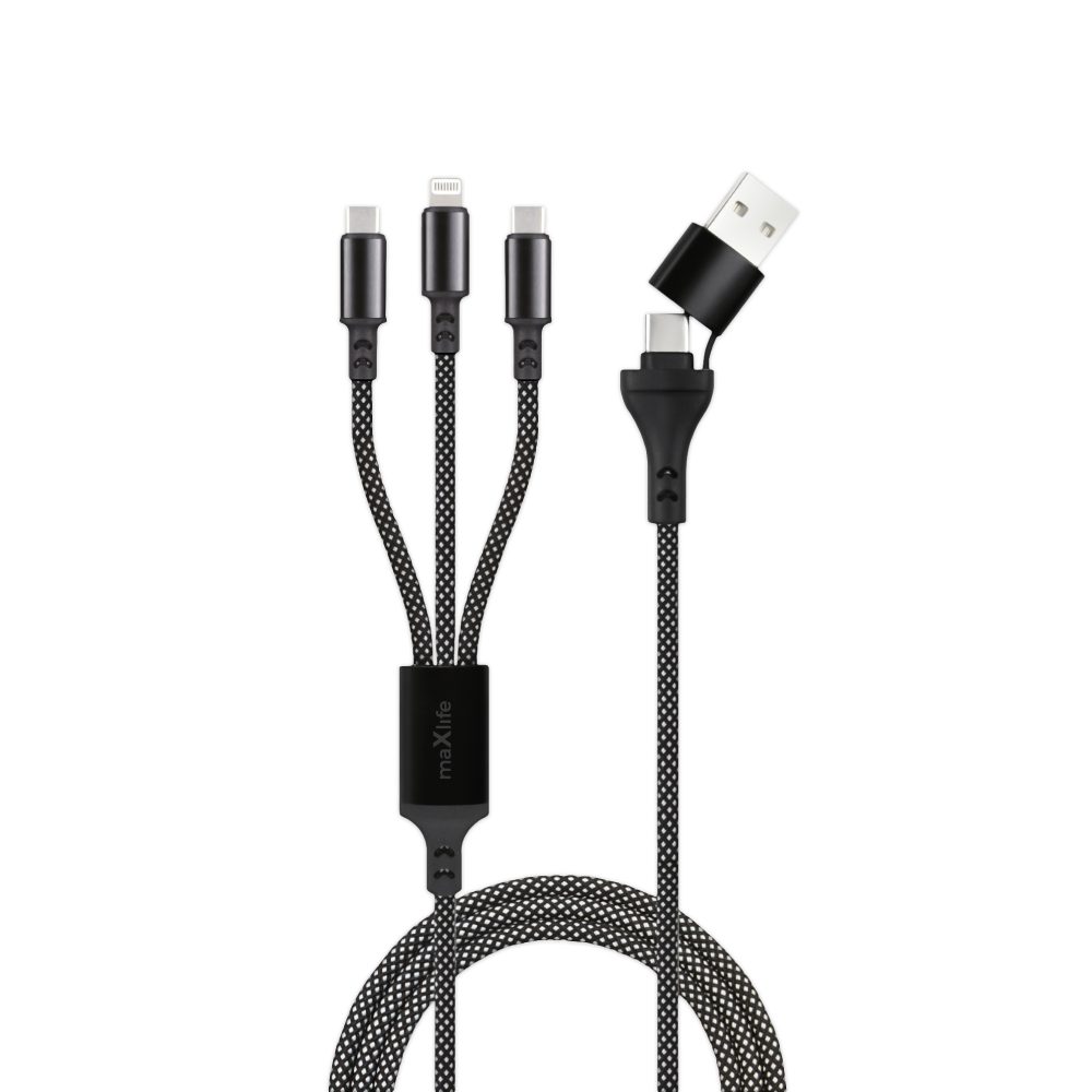 Maxlife kabel ALLin1 USB + USB-C - Lightning + 2x USB-C 1,0m 66W, černý