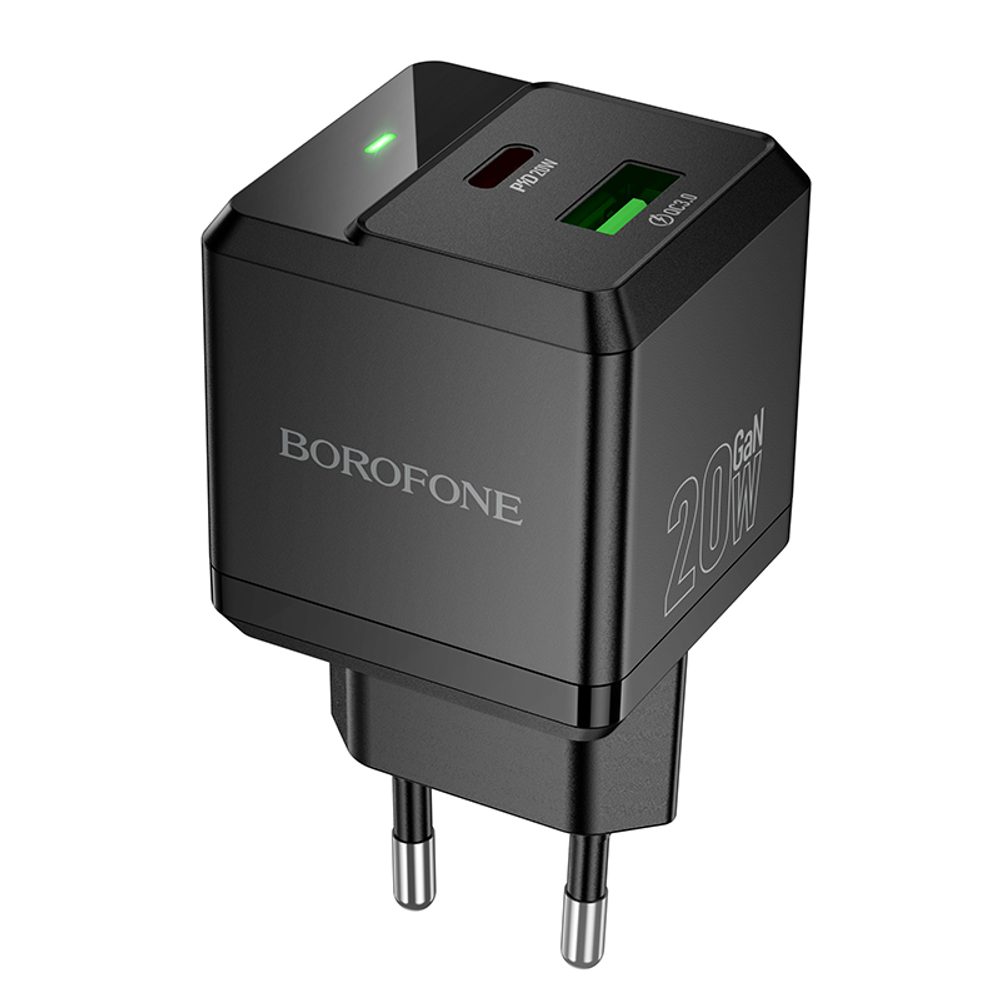 Borofone BN19 Intenso GaN - USB + USB-C adapter, PD, 20W, QC 3.0, 3A, fekete