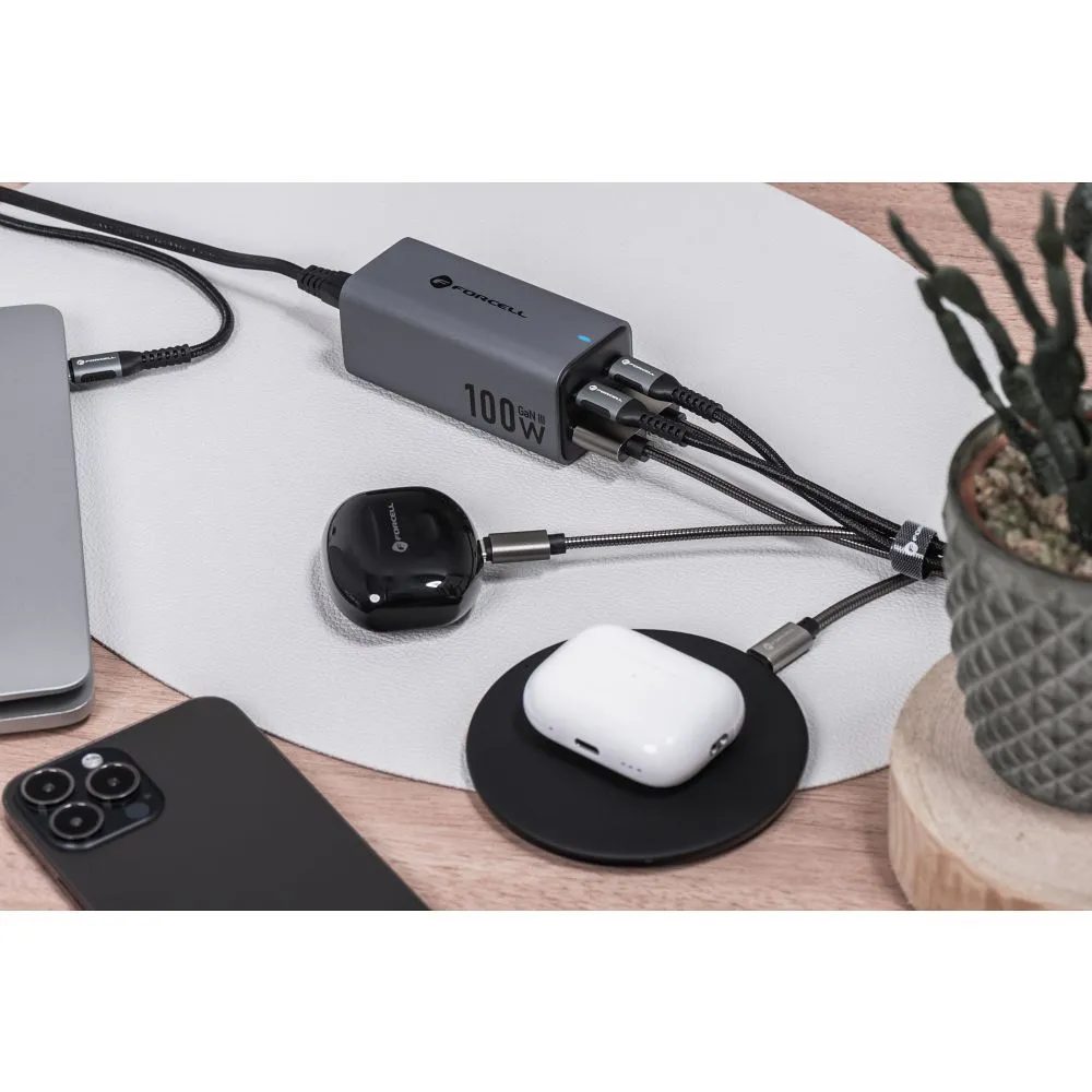 Forcell stolová nabíjačka 2x USB-C, 2x USB-A, 100 W, sivá