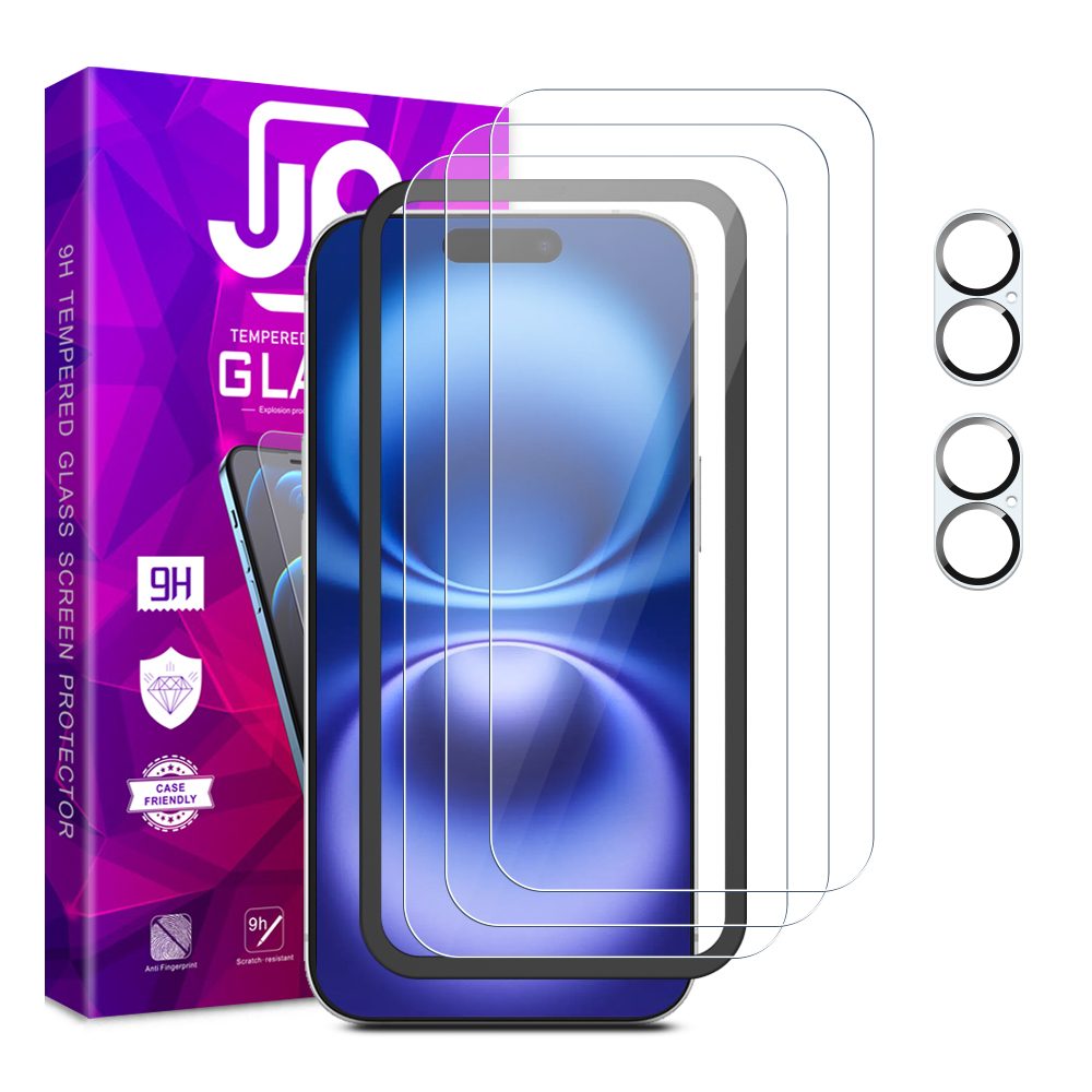 Levně JP Mega Pack Tvrzených skel, 3 skla na telefon s aplikátorem + 2 skla na čočku, iPhone 16 Plus