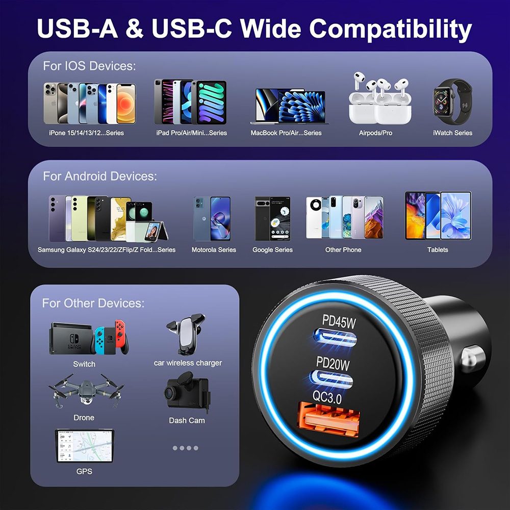 Techsuit autonabíjačka (C6), USB + 2× USB-C, 60W, strieborná