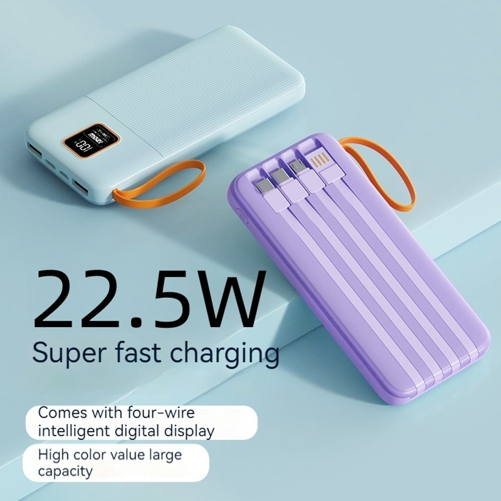 Powerbanka 20000mAh so 4 vstavanými káblami, 2x USB-A, 1x USB-C, PD 22,5 W, QC 3.0, LED displej, modrá