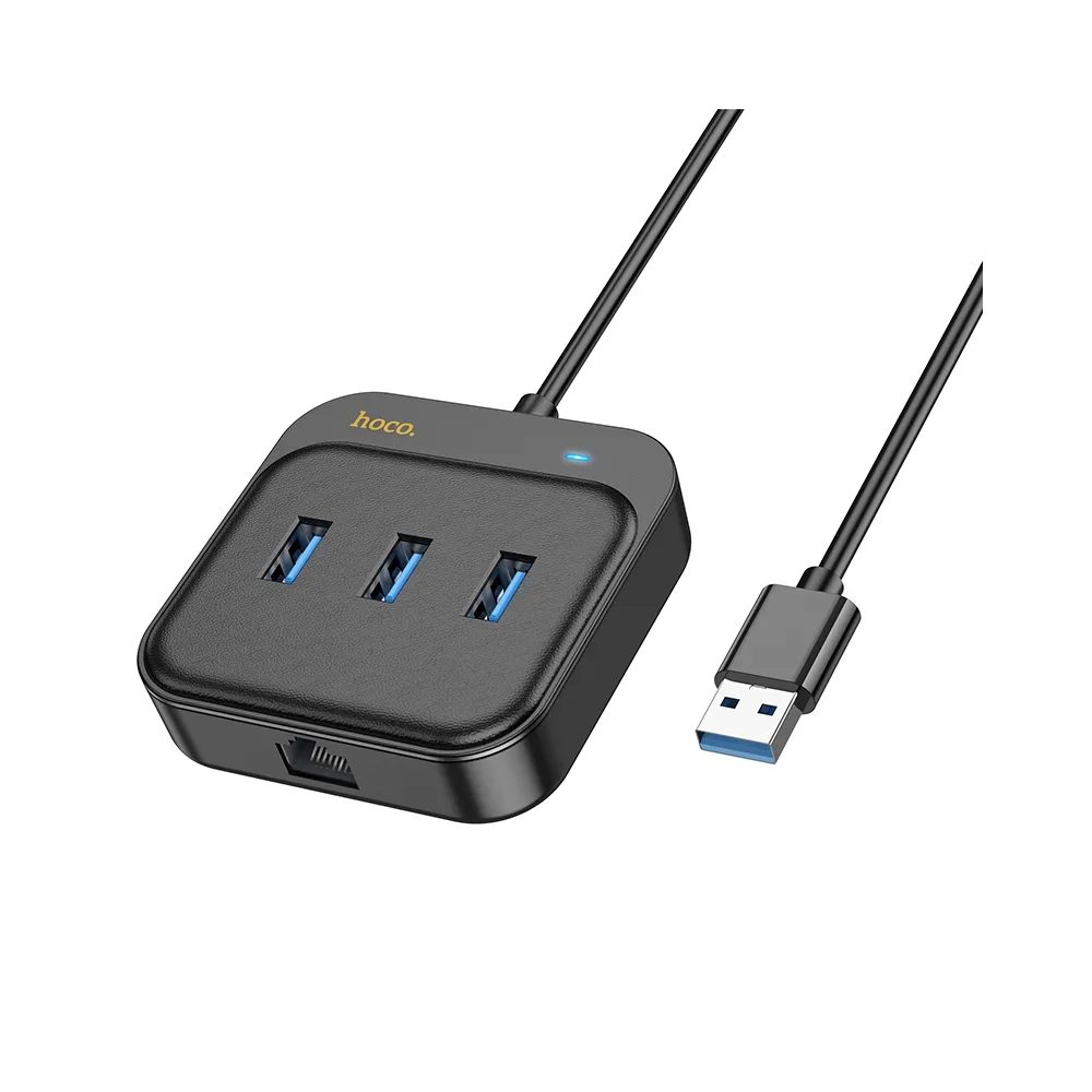 Hoco HUB 4in1 USB 3x USB3.0 + RJ45, Gigabit Ethernet, 1,2 M, Fekete (HB35)