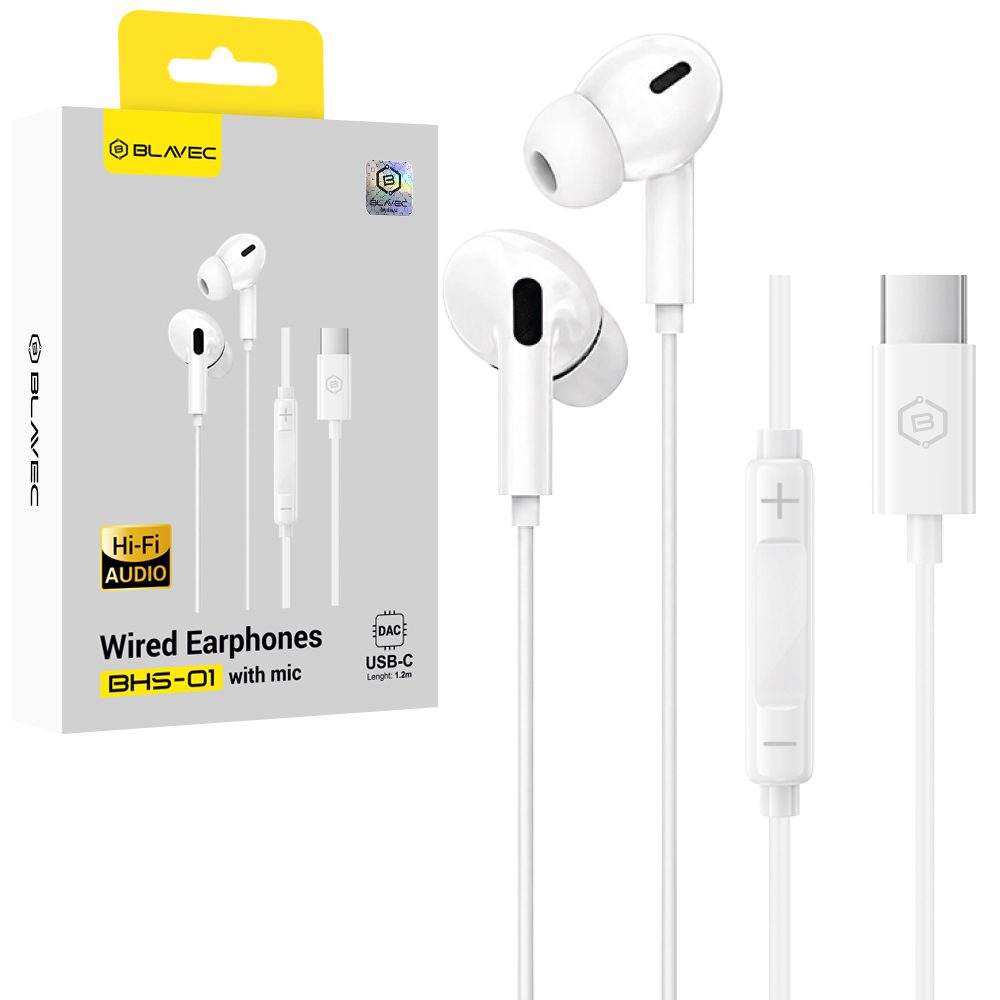 Blavec BHS-01 căști in-ear cu fir cu microfon USB-C (DAC), albe