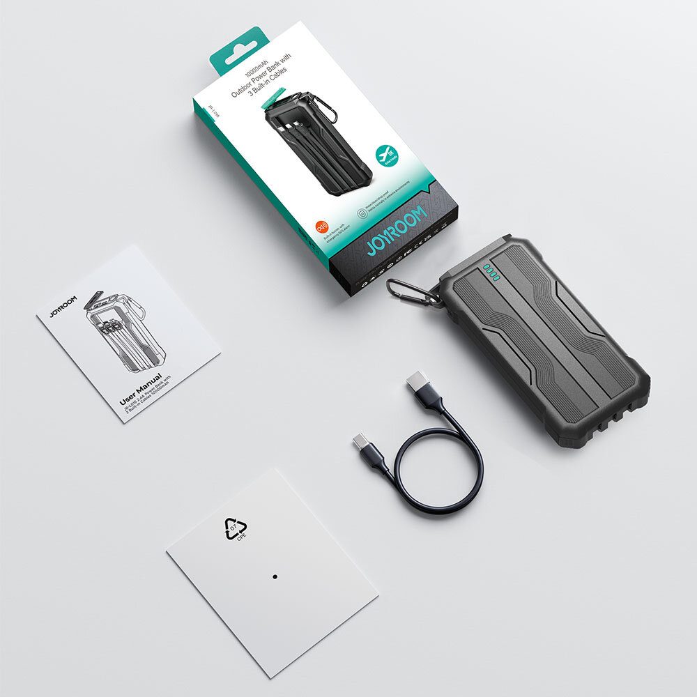 Joyroom JR-L016 Powerbank 10000mAh USB-C / Micro USB / Lightning Kábelekkel, Fekete Színű