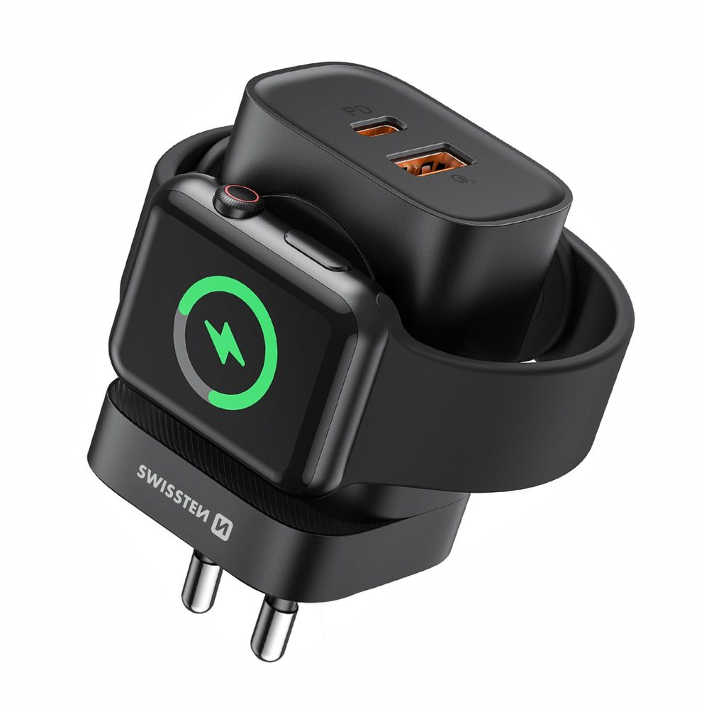 Swissten síťový adaptér 1x USB-A, 1x USB-C a Apple Watch