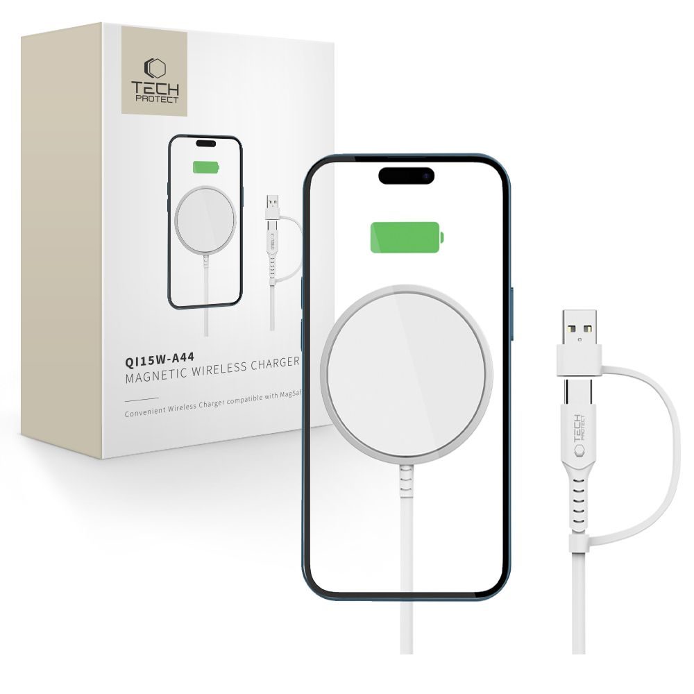 Tech-Protect QI15W-A44 MagSafe mágneses vezeték nélküli töltő, fehér színű