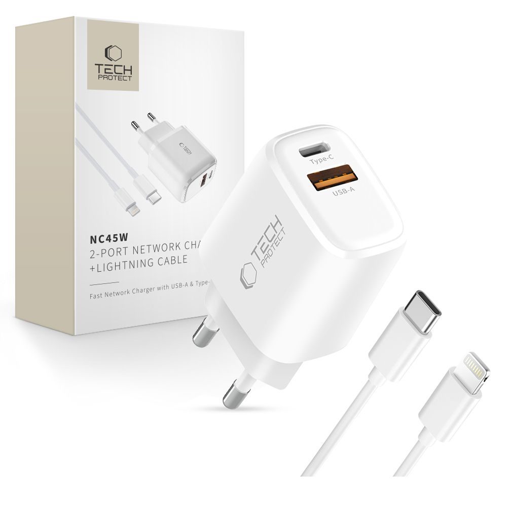 Levně Tech-Protect NCA45W-GAN 2-portová síťová nabíječka PD45W / QC 3.0 + kabel lightning, bílá