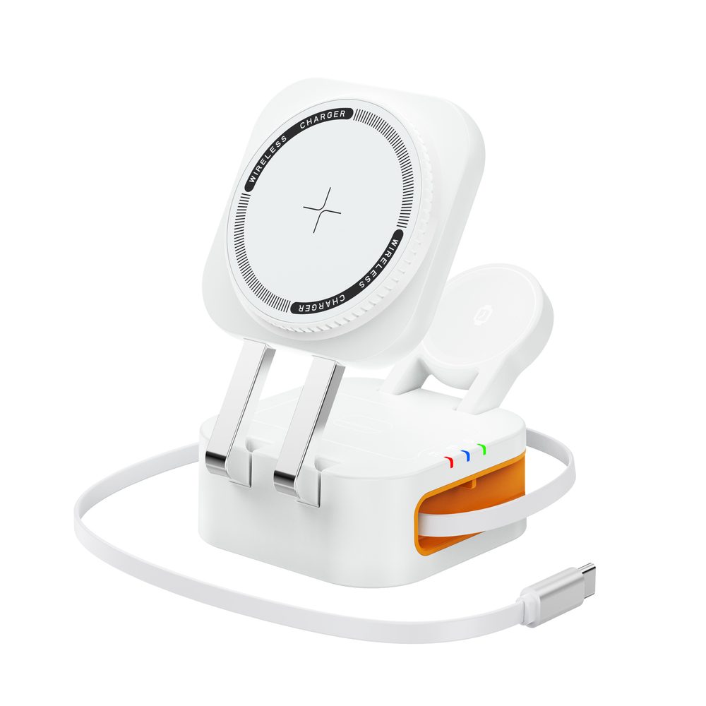 4 az 1-ben vezeték nélküli töltő mobiltelefonhoz, okosórához, fülhallgatóhoz, kihúzható USB-C kábellel, Qi, 25W, fehér