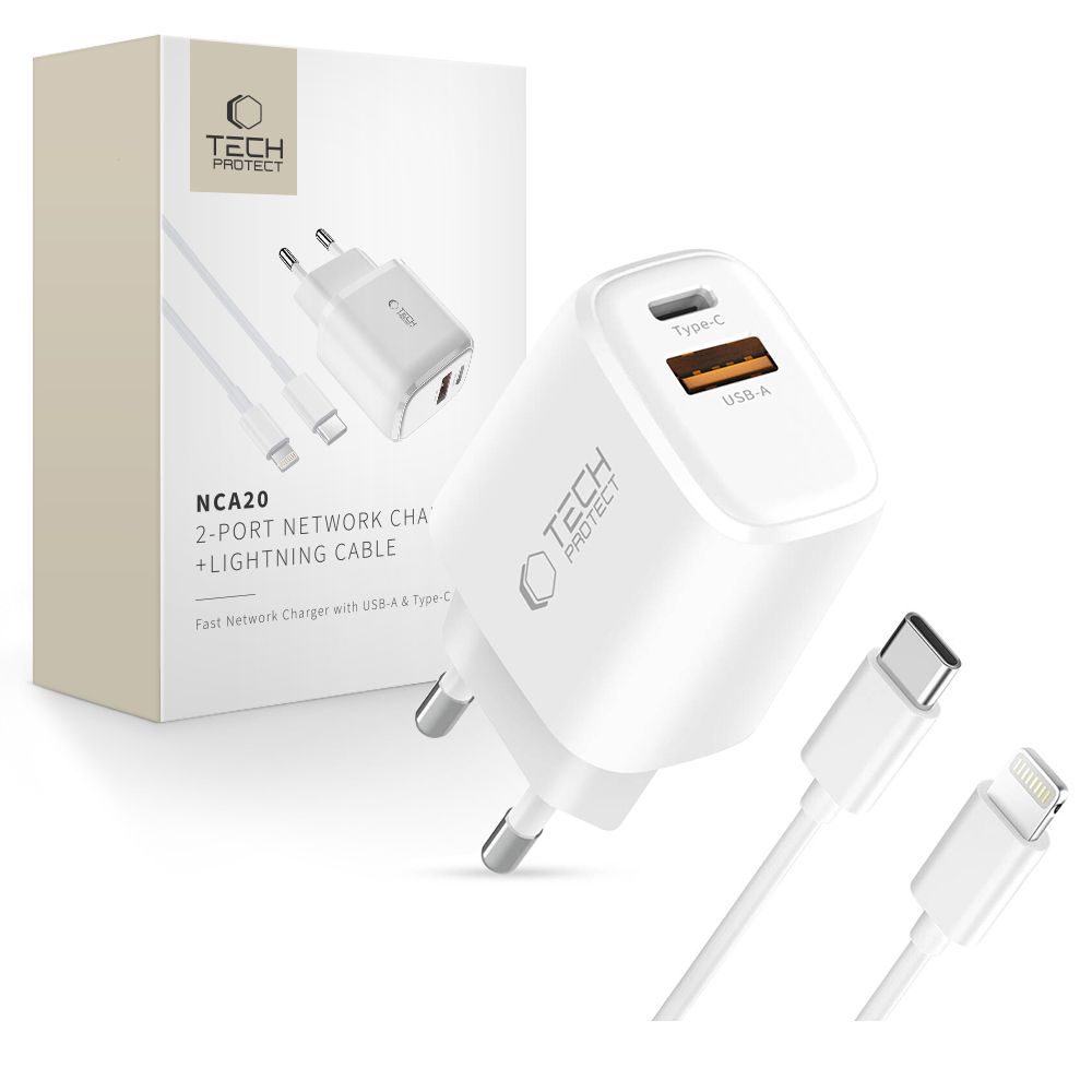 Tech-Protect NCA20 2 portos hálózati töltő PD 20W / QC3.0 + lightning kábel, fehér