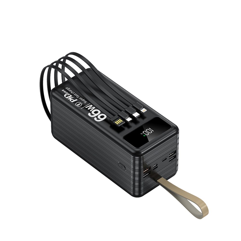 Powerbanka 60 000 mAh, PD66W, 2.1A, 4 integrované kabely + LED světlo, černá