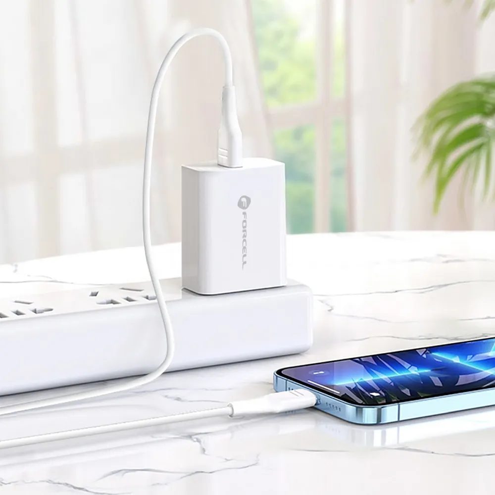 Forcell Napájecí Nabíječka S Konektorem USB-C A Kabelem Lightning, 3A, 20W S Funkcí Nabíjení PD A QC 4.0, 1,2 M