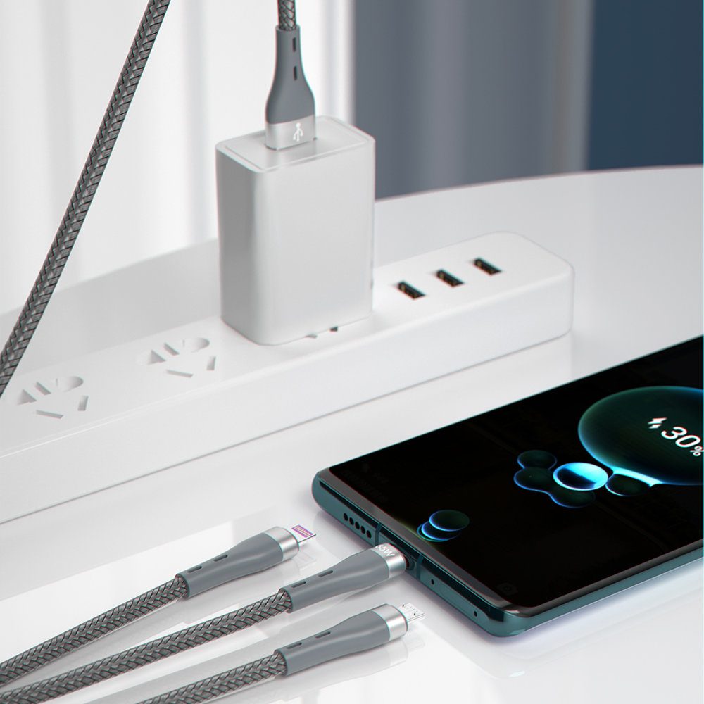 Dudao 3 în 1 Cablu Usb - Lightning / MicroUSB / USB-C, 65W 1,2 M, Gri (L20X)