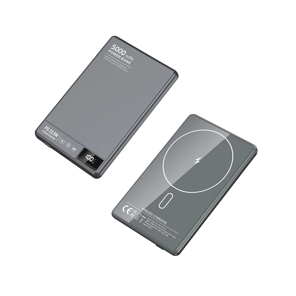Levně UltraThin MagSafe 15W Bezdrátová powerbanka 5000 mAh s LED displejem a podporou nabíjení Apple Watch, šedá