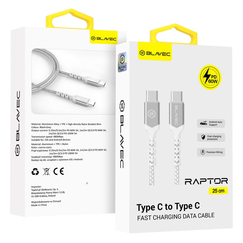 Blavec kábel USB-C - USB-C, PD, 60W, 3A, 0,25 m, bielo-strieborný