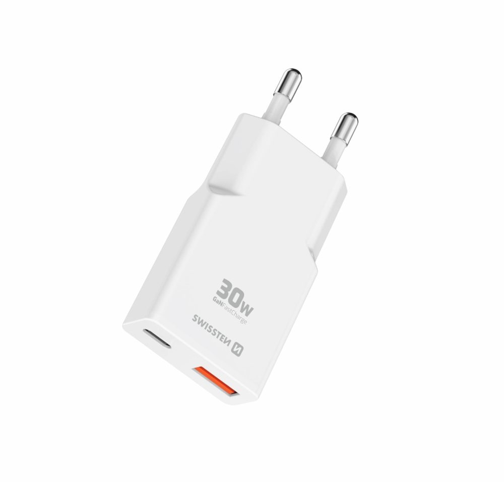 Swissten Vékony hálózati adapter, GaN, USB-C + USB-A, 30W, fehér