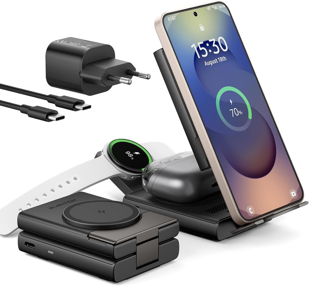 Levně Suritch 3v1 skládací bezdrátová nabíjecí stanice pro zařízení Samsung, černá