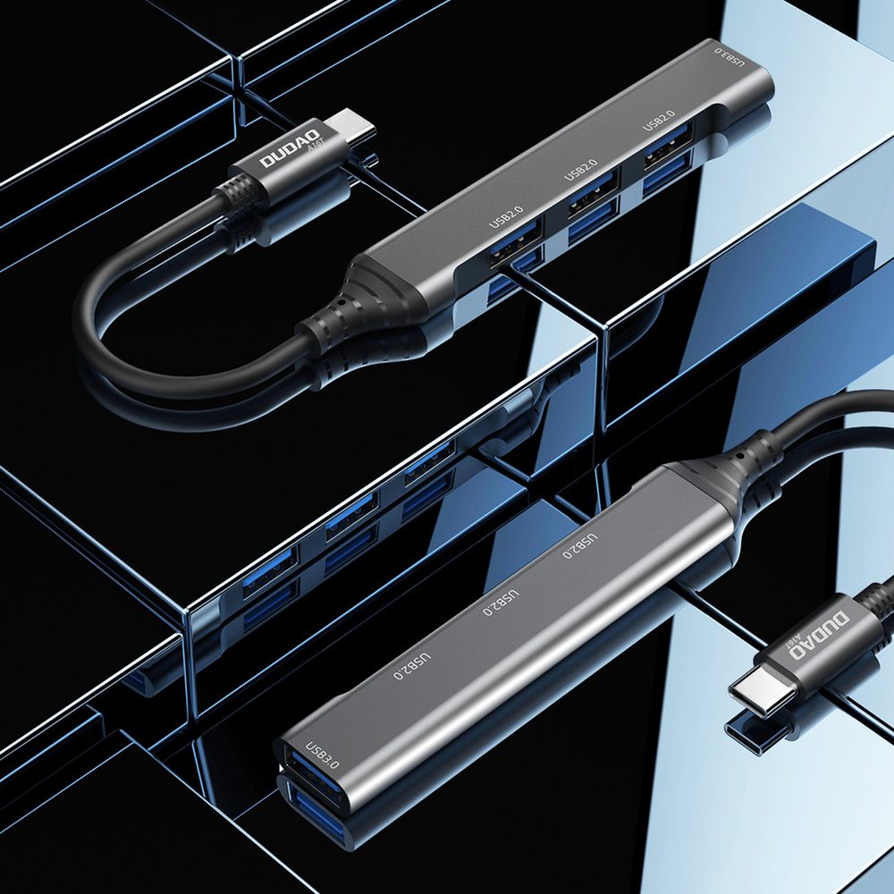 Dudao HUB A16T, 4in1, USB-C - 4x USB-A (3x USB2.0 / USB3.0), 6,3 Cm, Fekete, Fekete