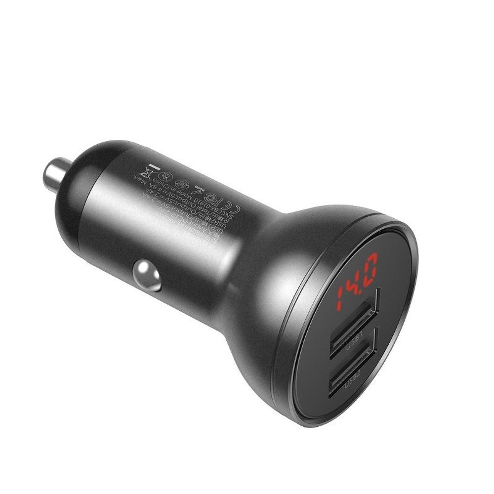 Încărcător Auto Baseus, Cu Afișaj Digital, 2x USB 4,8A, 24W, Gri