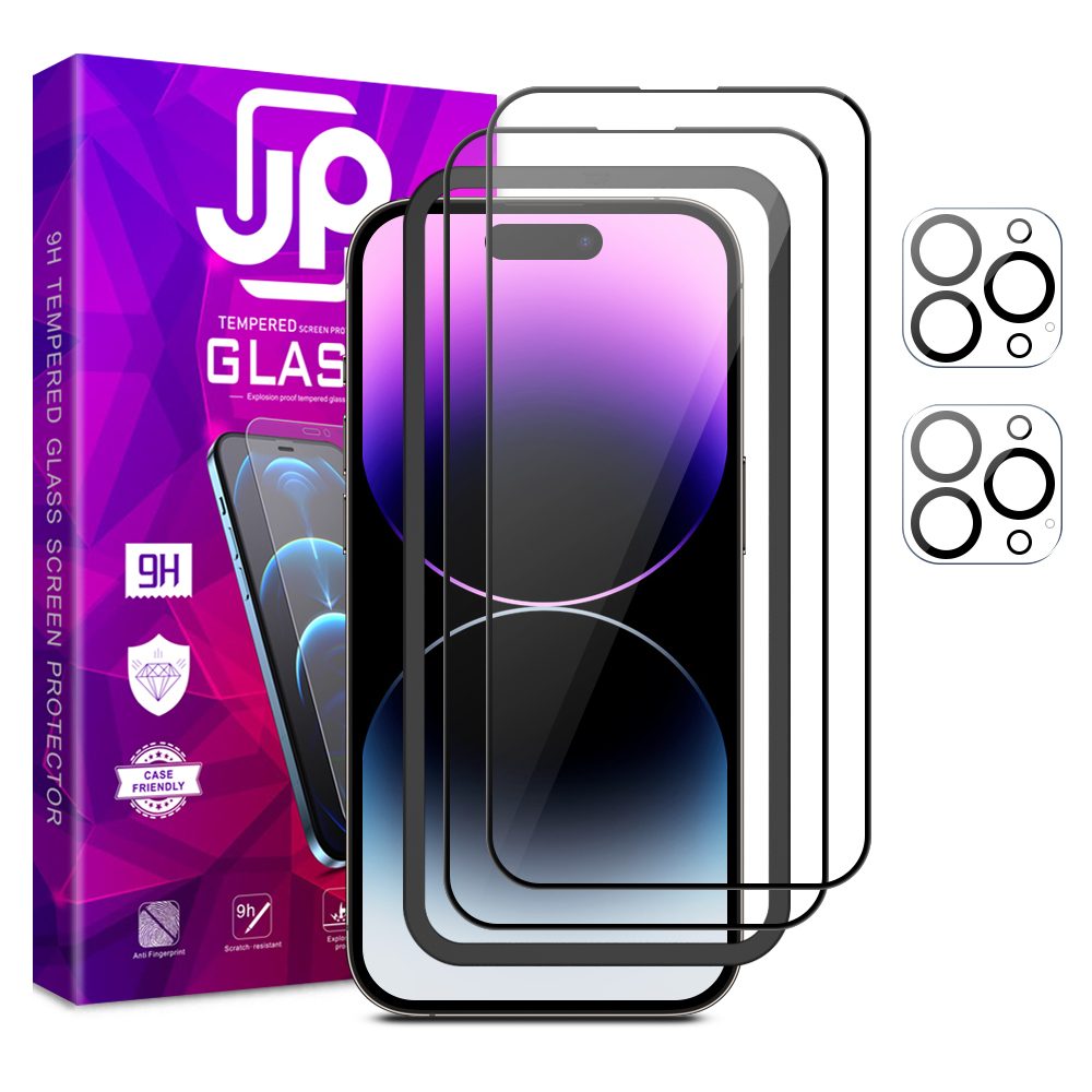 JP Full Pack Kaljeno Steklo, 2x 3D Steklo Z Aplikatorjem + 2x Steklo Na Objektivu, IPhone 14 Pro