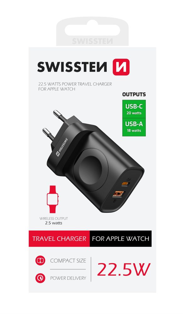 Swissten síťový adaptér 1x USB-A, 1x USB-C a Apple Watch
