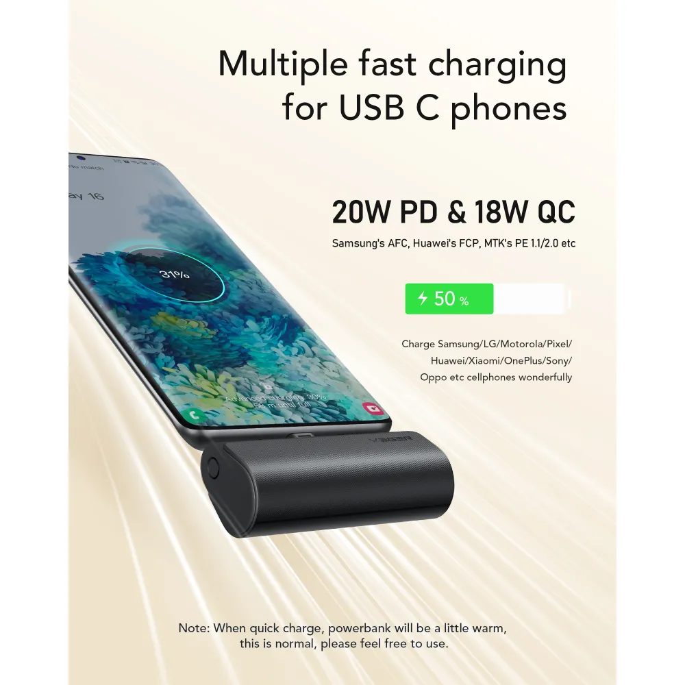 VEGER PlugOn Power Bank, 5000mAh Z Integriranim Priključkom Za USB-C, PD 20W (W0556P)