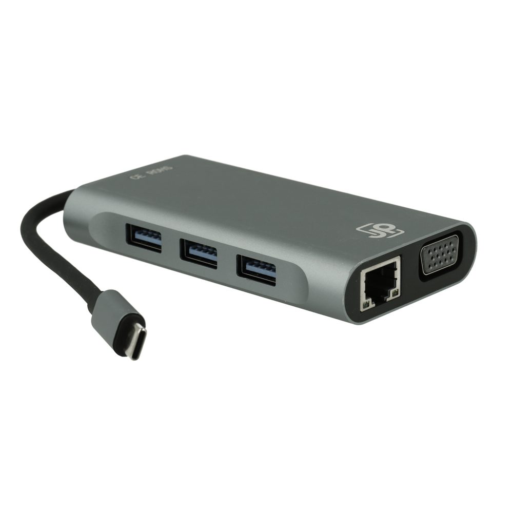 JP Hub 8v1, USB-C na 2x HDMI / VGA / LAN / 3x USB 3.0 / USB-C PD, sivý