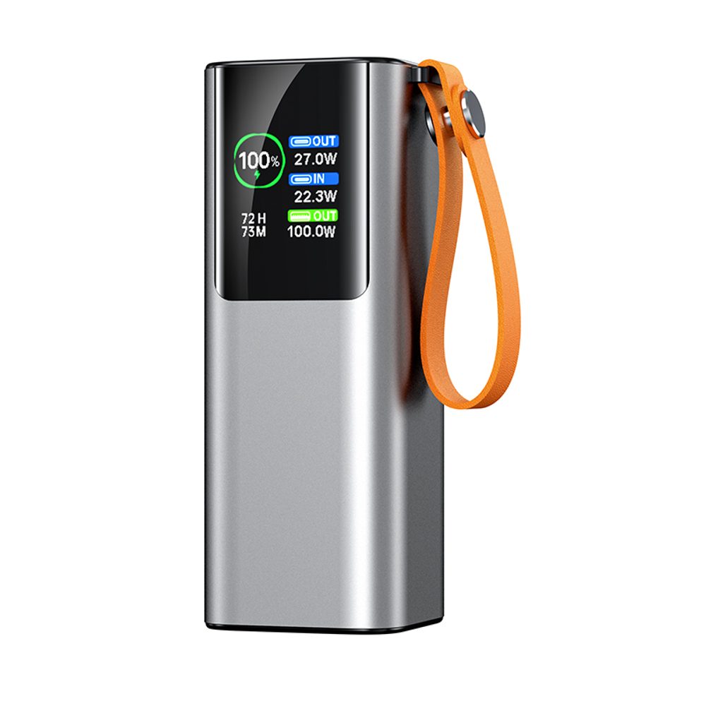Alumínium Powerbank laptop töltéshez, 20 000 mAh, 100W, PD 3.0 beépített kihúzható USB-C kábellel, szürke