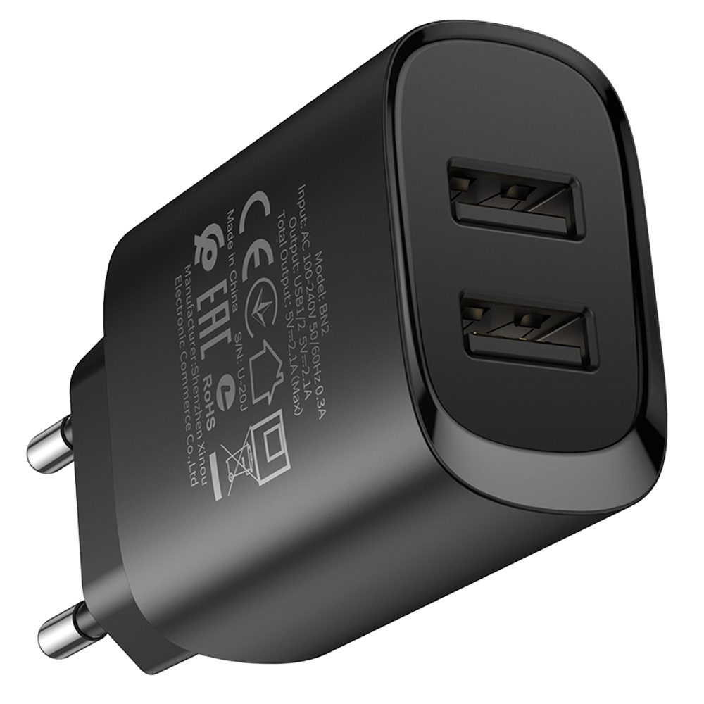 Borofone Töltő BN2 Super - 2x USB - Lightning, 2,1A, Fekete