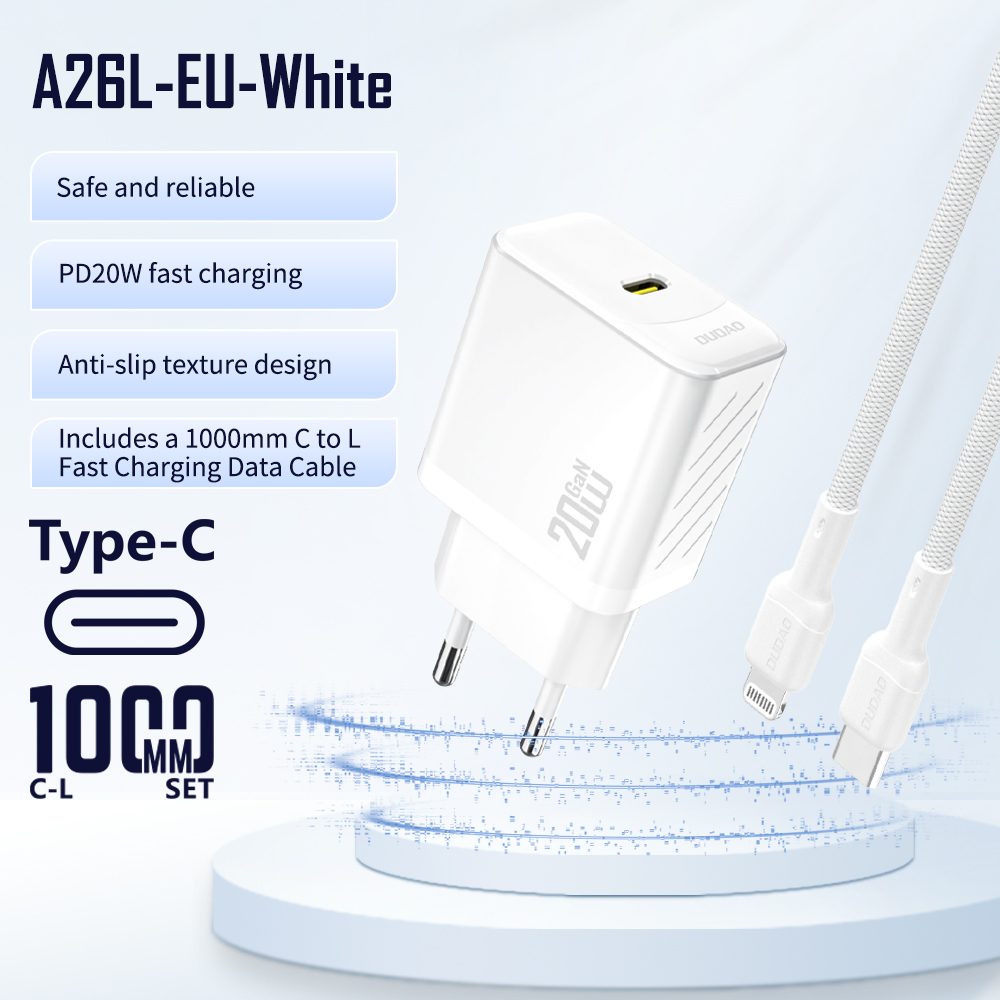 Dudao A26LEU nabíjačka USB-C + kábel USB-C - Lightning, PD 20W GaN, biela