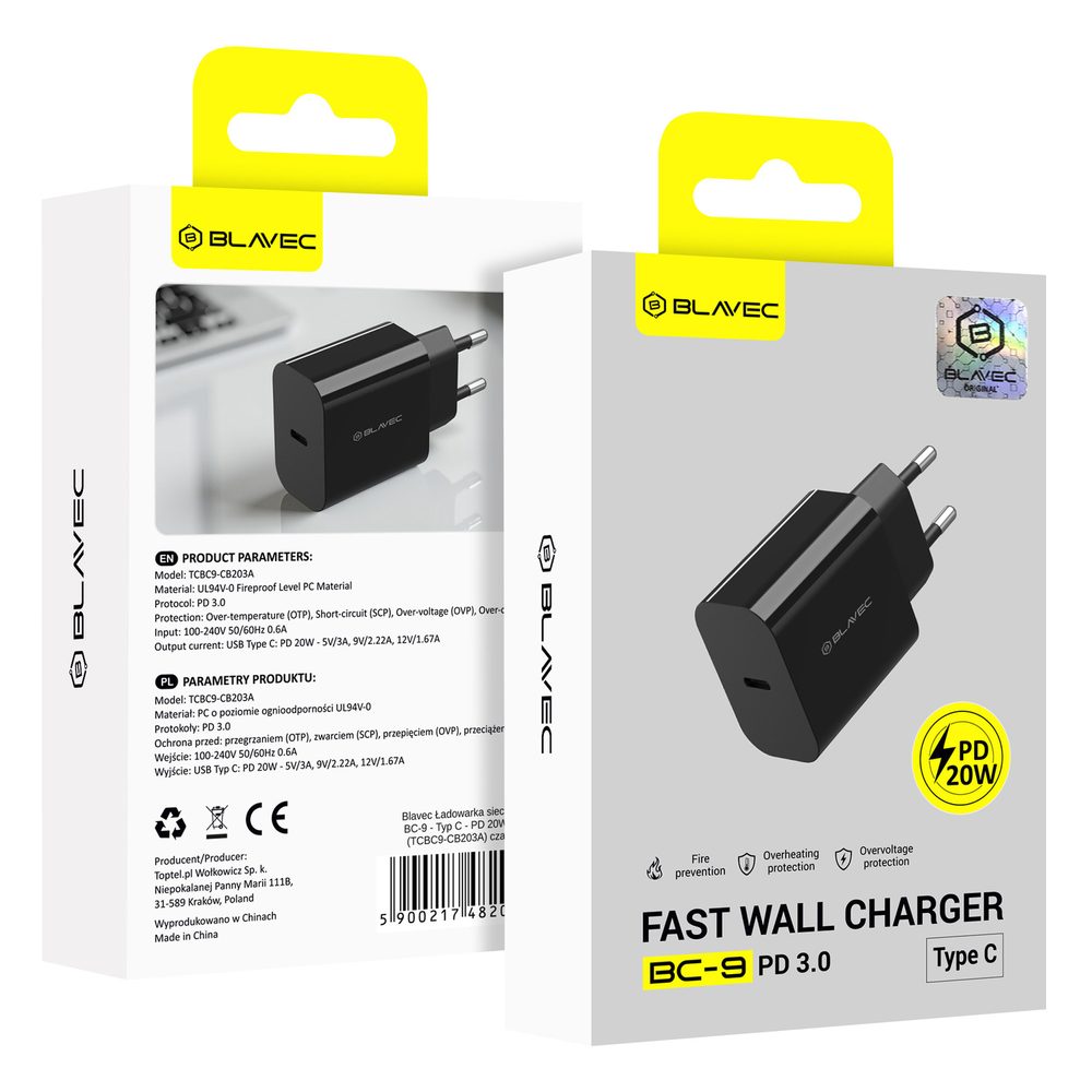 Blavec nabíjačka BC-9, PD 20W 3A, USB-C, čierna