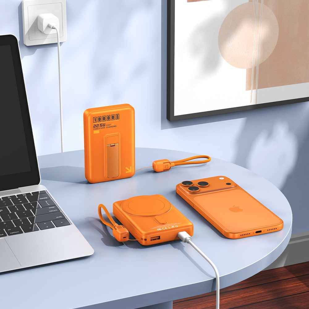 Ultra tenká MagSafe powerbanka so stojankom a odnímateľným káblom 20W, 10000 mAh, oranžová