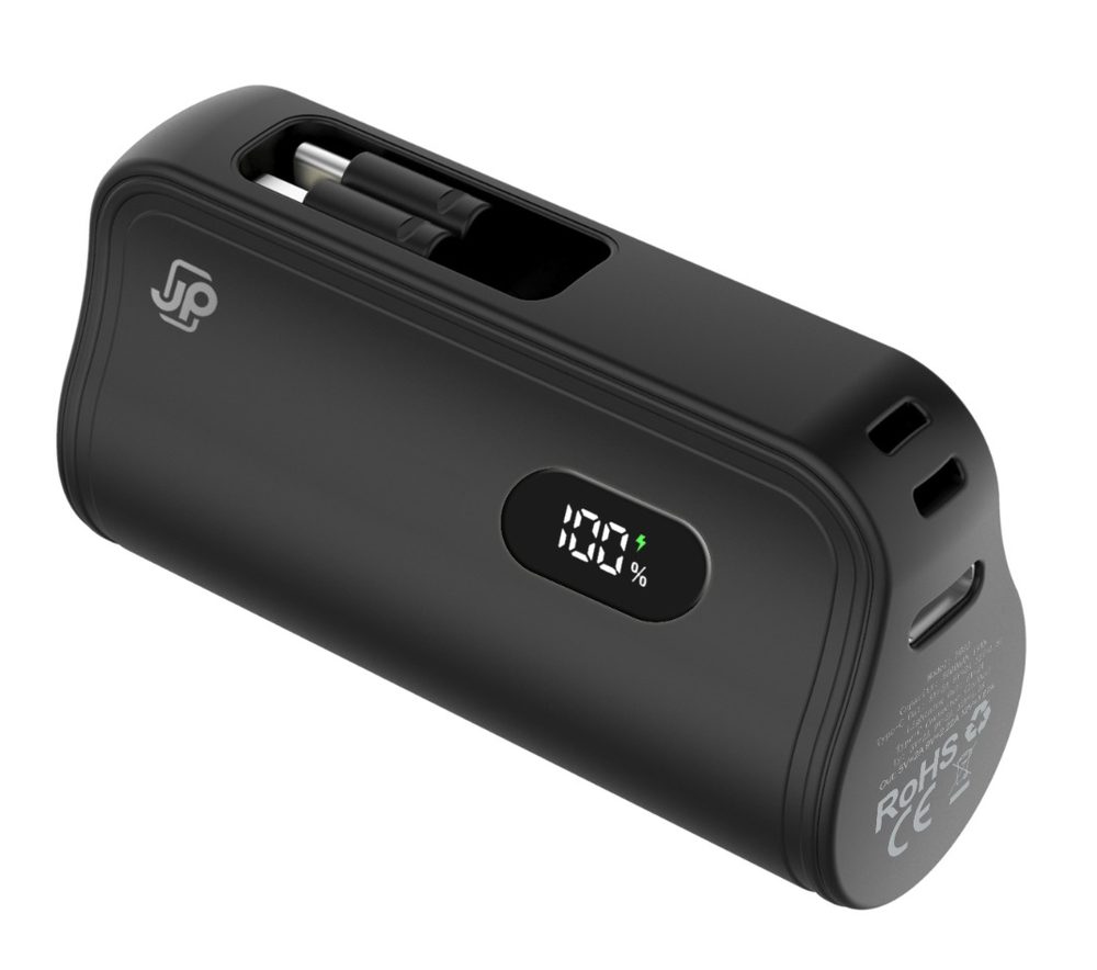 JP PlugOn Powerbank integrált USB-C és Lightning csatlakozóval, 5000 mAh, PD 20W, fekete