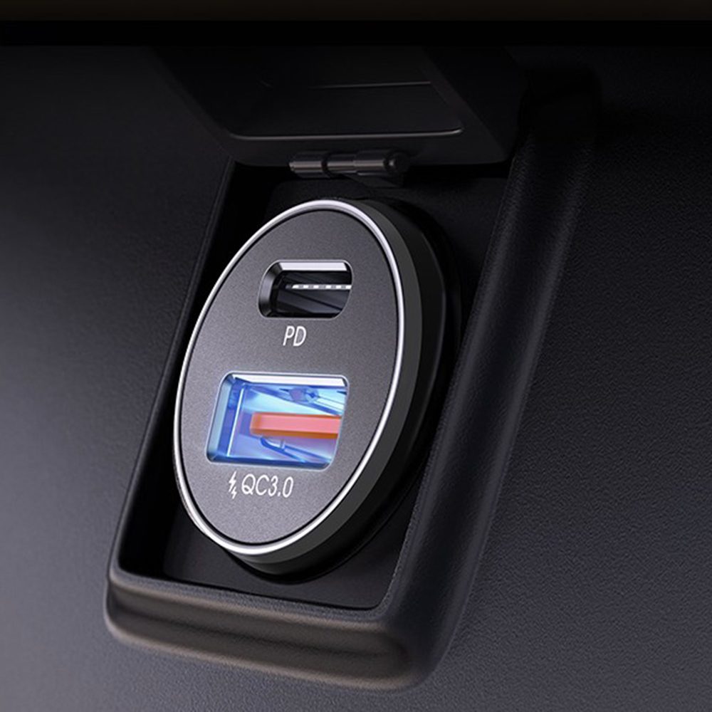Lisen Autonabíjačka USB-A + USB-C s USB-C káblom, 12V–24V, čierna