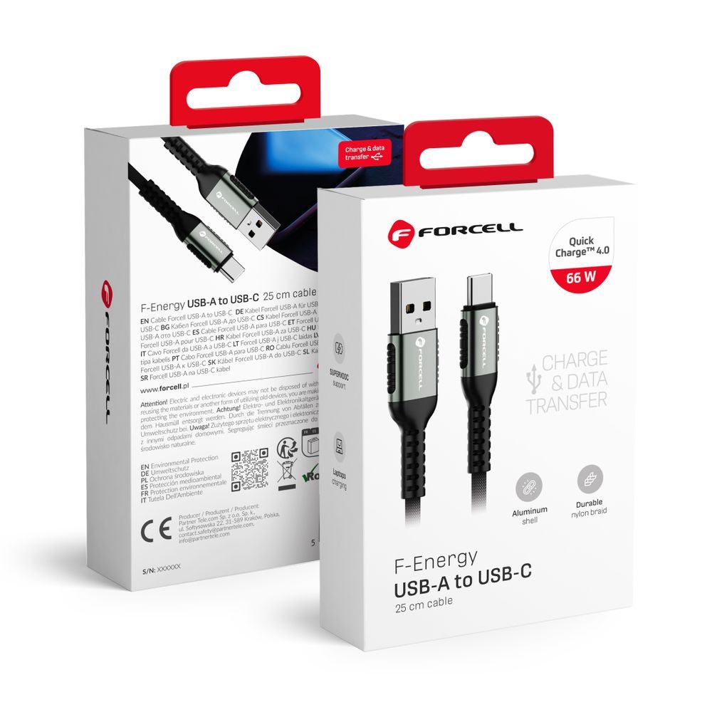 Forcell F-Energy kábel USB A - USB-C, QC4.0, 3A, 66W, 0,25 m, čierny
