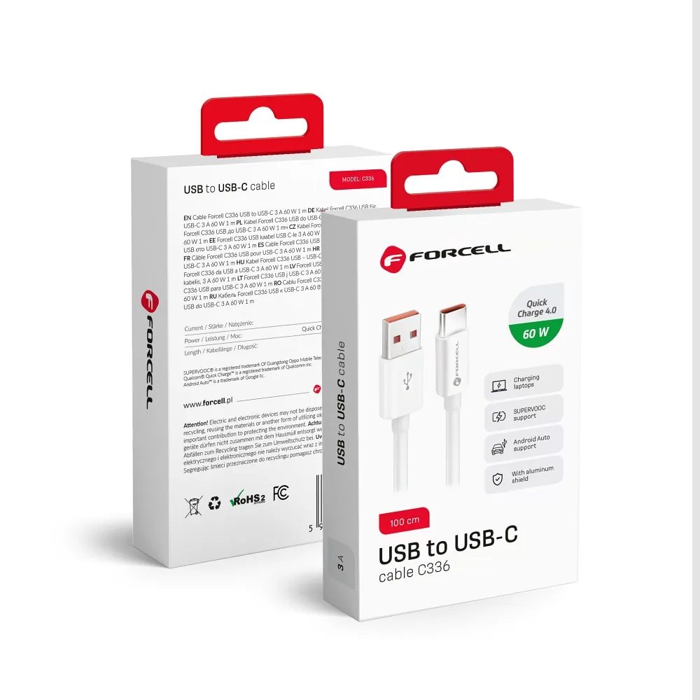Forcell USB-A-USB-C Kábel, QC4.0, 3A/20V, 60W, C336, 1 M, Fehér