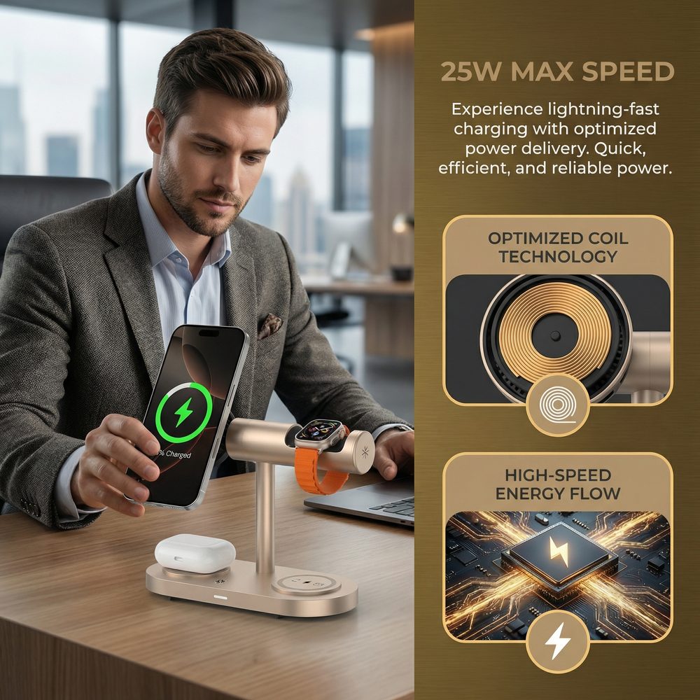 Qi2.2 MagSafe Nabíjecí stanice 5v1 s aktivním chlazením, 25 W a 360° rotací pro iPhone, Apple Watch, AirPods, Android, modrá