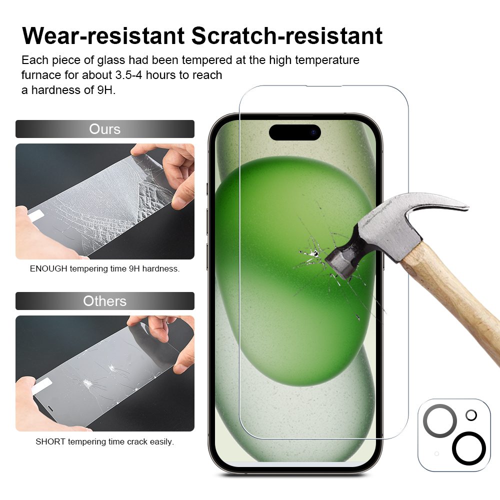 JP Mega Pack Tvrdených skiel, 3 sklá na telefón s aplikátorom + 2 sklá na šošovku, iPhone 15