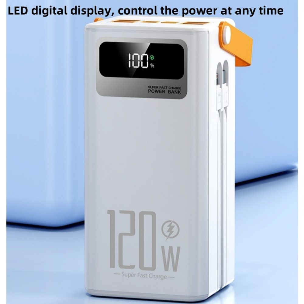 Powerbanka 80 000 mAh, 120W PD + QC, 4 USB + 2 káble, LED svetlo, biela
