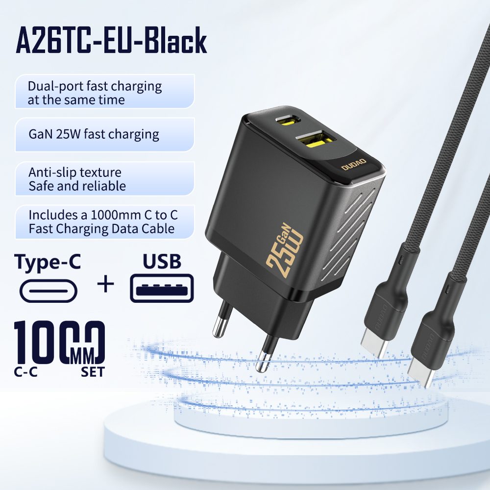 Dudao A26TCEU nabíjačka USB-A + USB-C s USB-C káblom, PD QC 25W GaN, čierna