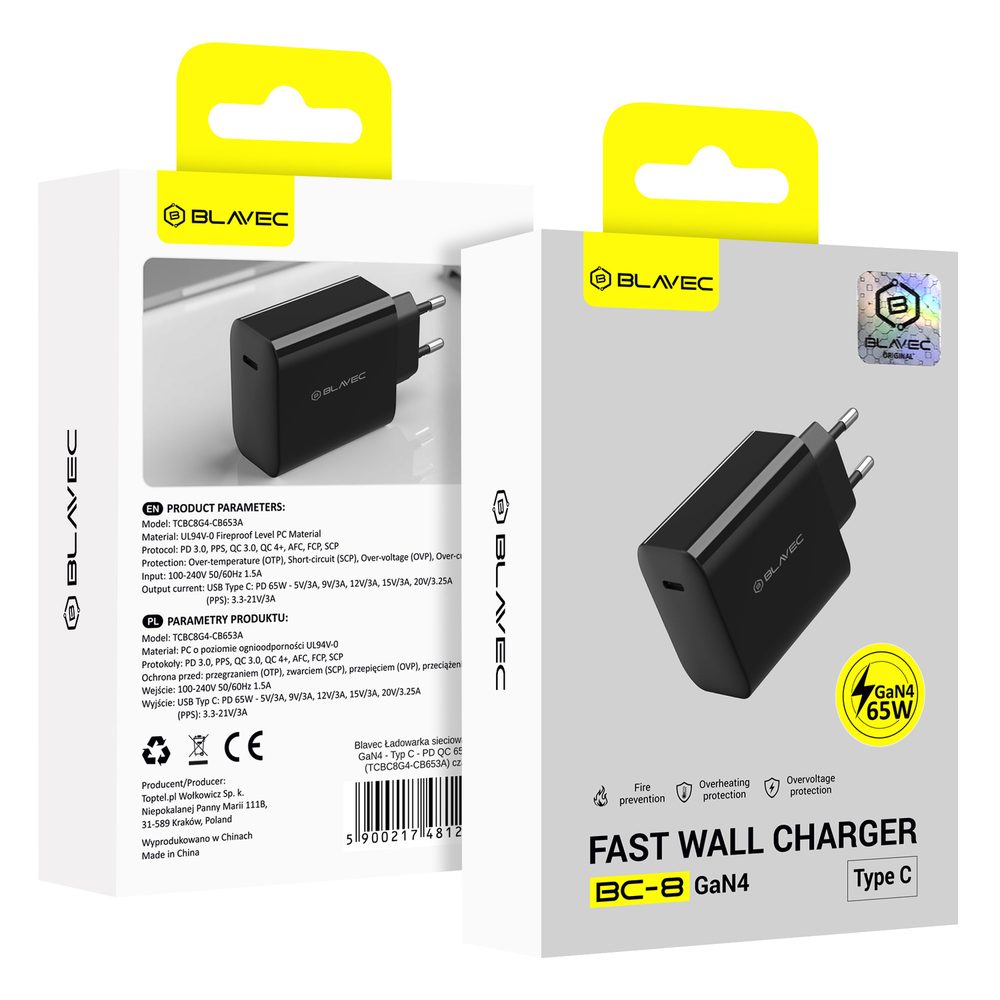 Blavec nabíjačka BC-8, GaN4, PD QC 65W 3A, USB-C, čierna