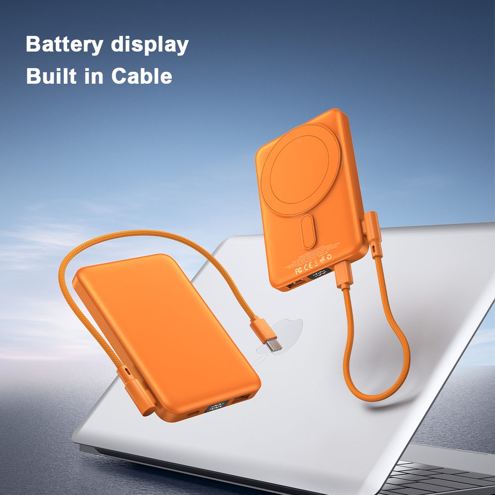 Ultra tenká MagSafe powerbanka s bezdrôtovým nabíjaním 20W, LED displej, 5000 mAh, oranžová