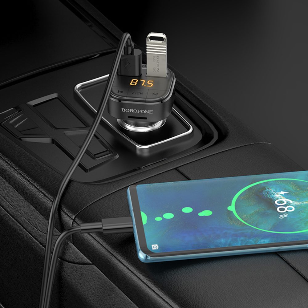 Borofone BC43 FM Vysielač Flash MP3, Bluetooth, 2x USB + MicroSD, QC 3.0, 18W, čierny