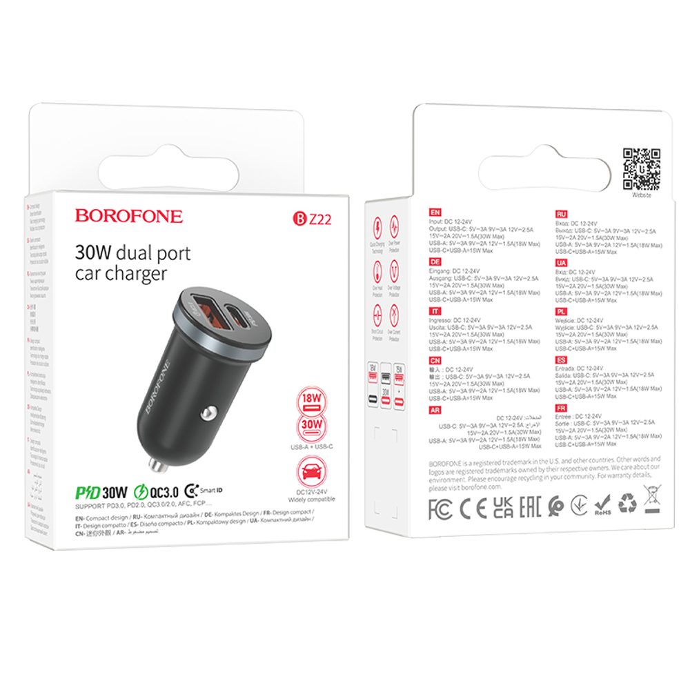 Borofone BZ22 Scenery nabíjačka do auta, USB + USB-C, QC 3.0, PD 30W, čierna