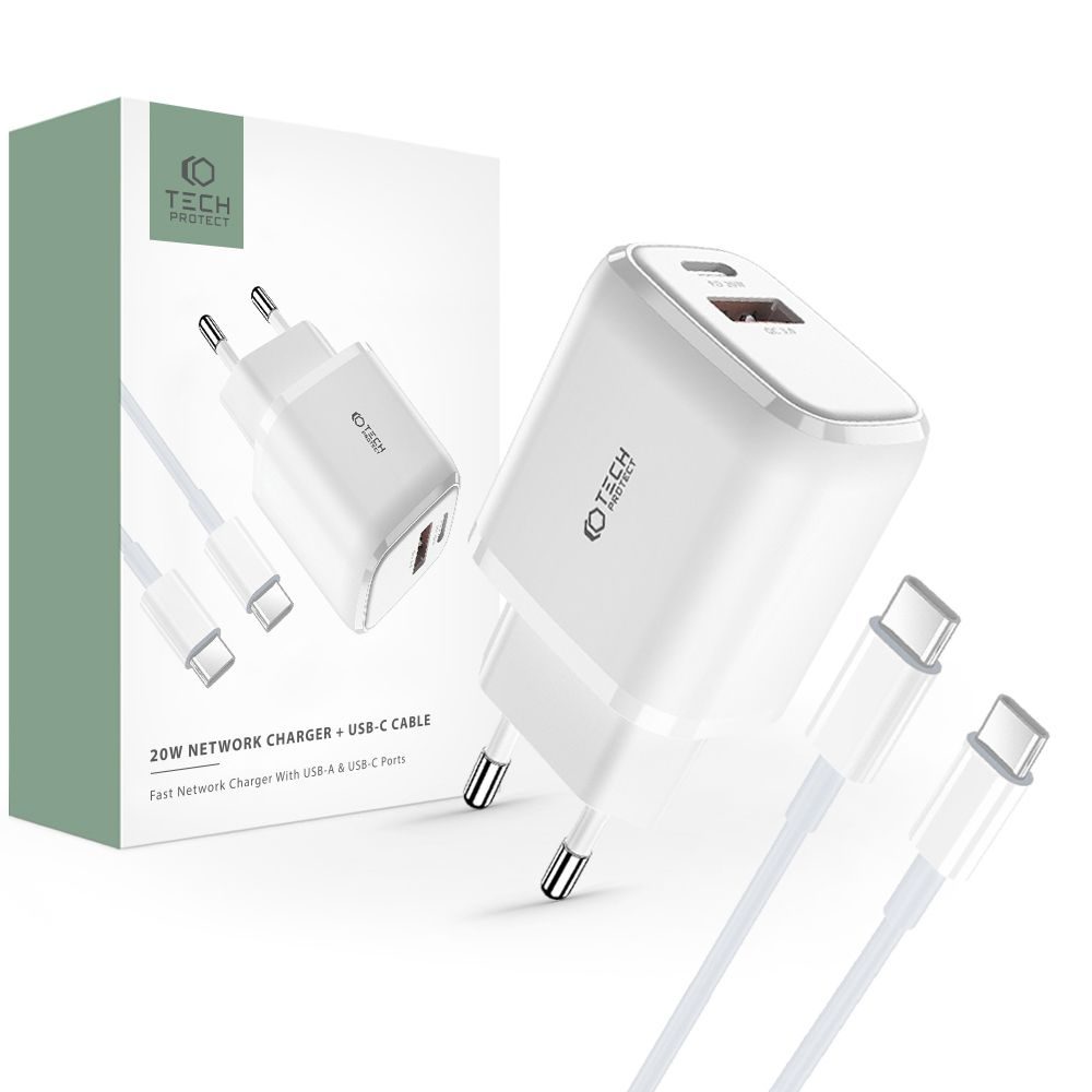 Tech-Protect C20W 2-portová síťová nabíječka PD20W / QC3.0 + kabel USB-C, bílá