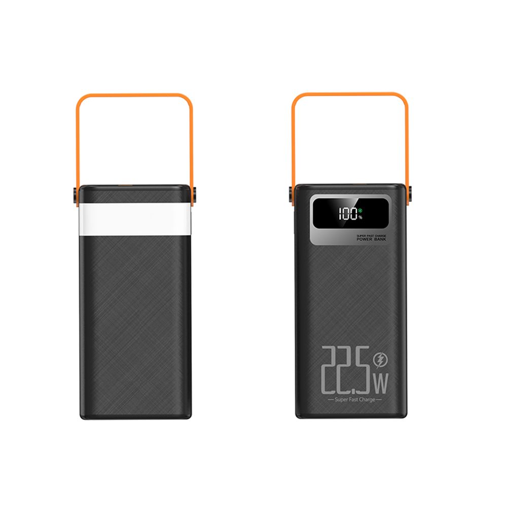 Powerbank 60 000 mAh, 22,5W PD, 4 USB + 2 kábel, LED fény, fekete