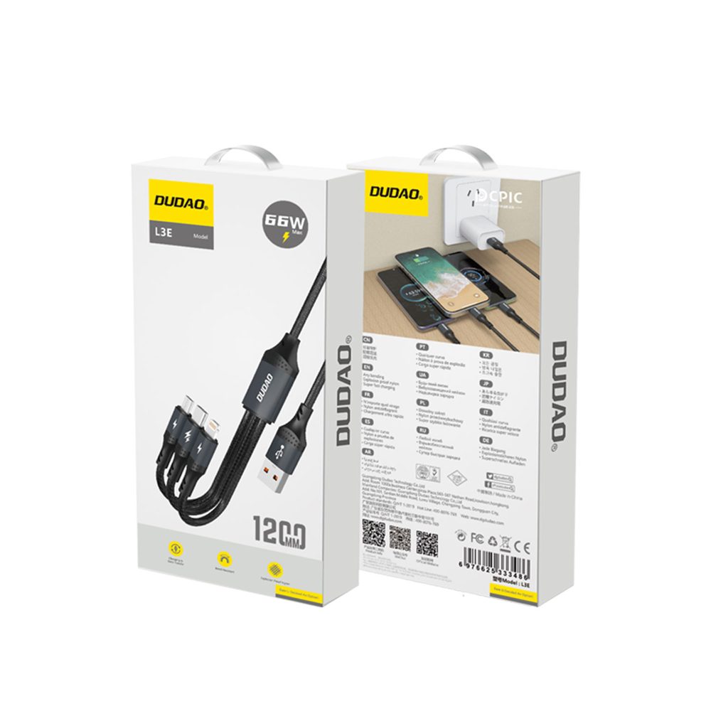 Dudao L3E 3v1 kábel MicroUSB + USB-C + Lightning, 60W 1,2 m, čierny